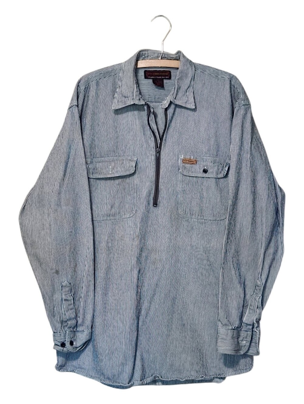 VTG Five Brother Heavyweight 1/4 Zip Blue White Hickory Stripe Size Large Tall